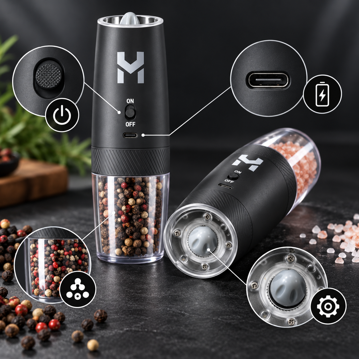 HOME VISTA Electric Salt Pepper Grinder Set Automatic Gravity Rechargeable Mills 5 HOME VISTA Electric Salt Pepper Grinder Set Automatic Gravity Rechargeable Mills - Image 5