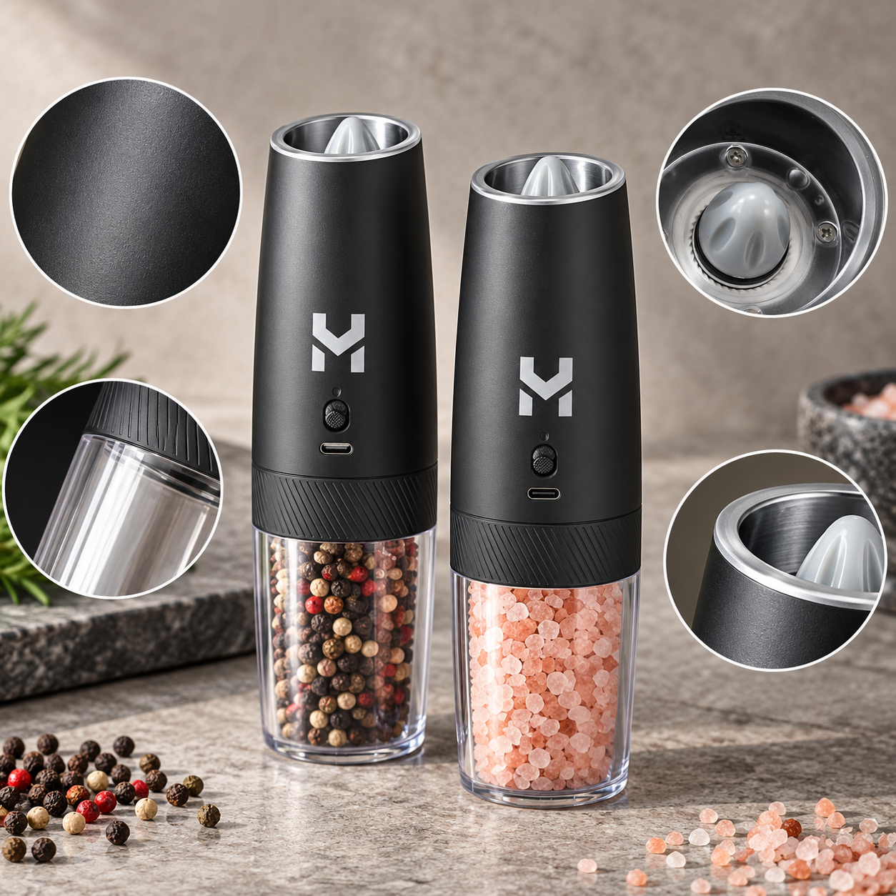 HOME VISTA Electric Salt Pepper Grinder Set Automatic Gravity Rechargeable Mills 4 HOME VISTA Electric Salt Pepper Grinder Set Automatic Gravity Rechargeable Mills - Image 4