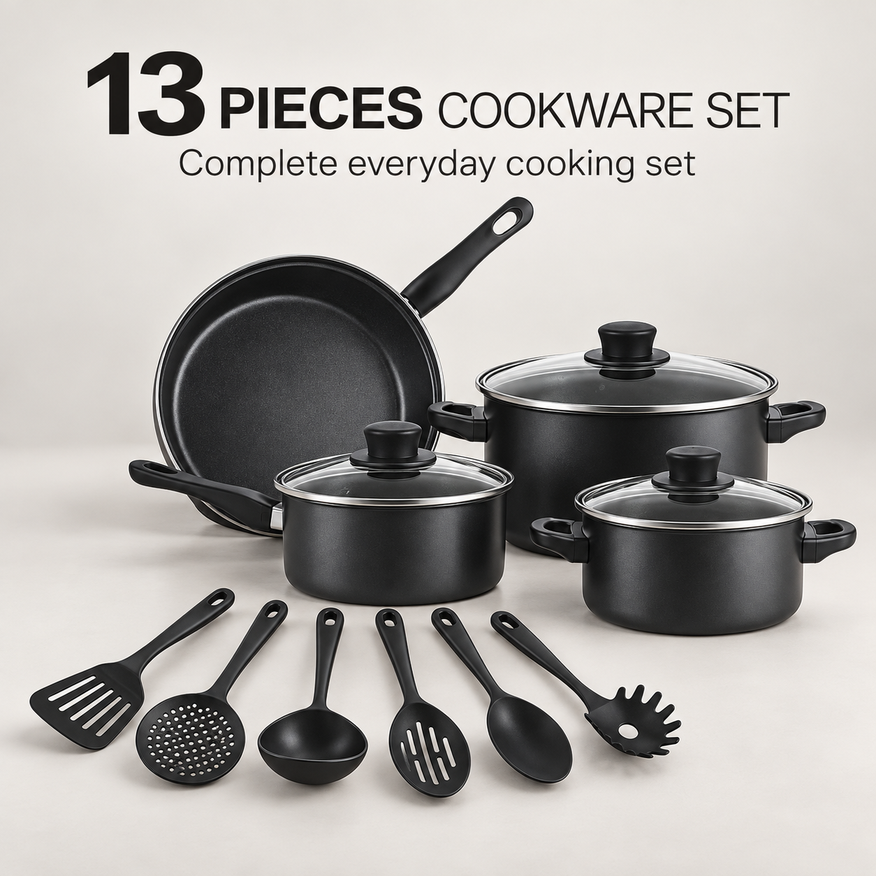 13 Piece Non Stick Cookware Set Black Pots & Pans Glass Lids Kitchen Utensils UK 1 13 Piece Non Stick Cookware Set Black Pots & Pans Glass Lids Kitchen Utensils UK