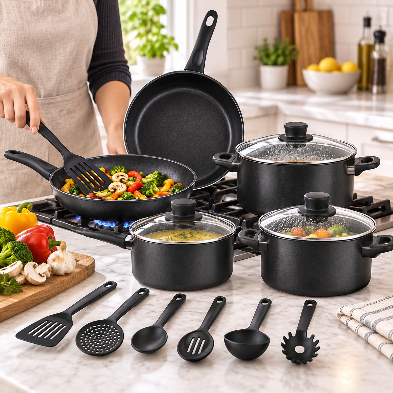13 Piece Non Stick Cookware Set Black Pots & Pans Glass Lids Kitchen Utensils UK 5 13 Piece Non Stick Cookware Set Black Pots & Pans Glass Lids Kitchen Utensils UK - Image 5