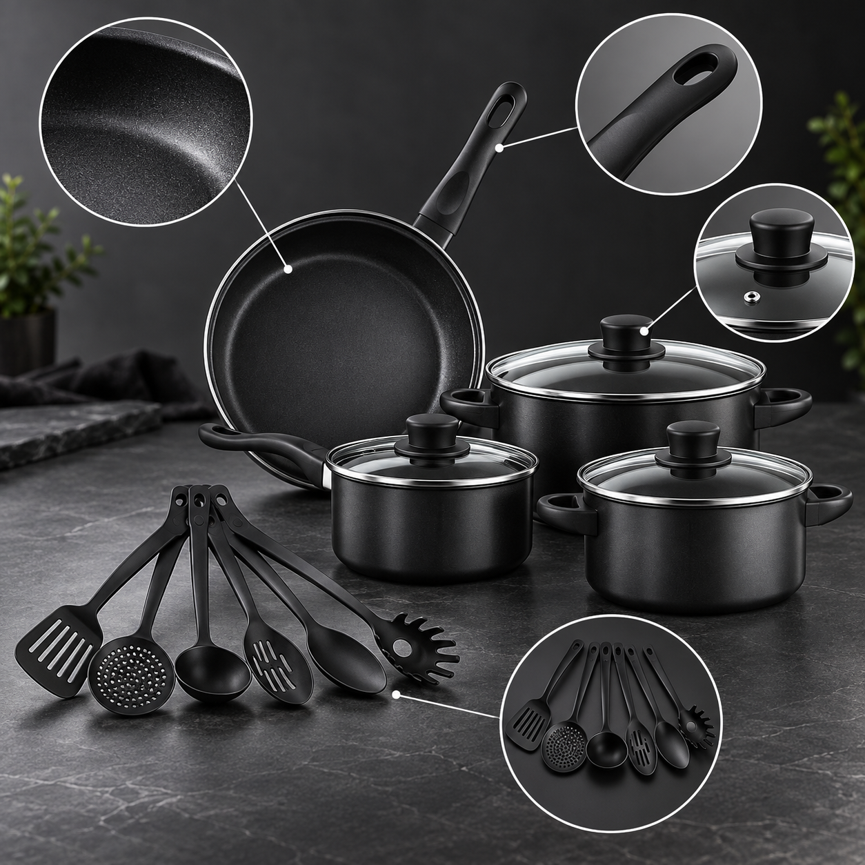 13 Piece Non Stick Cookware Set Black Pots & Pans Glass Lids Kitchen Utensils UK 4 13 Piece Non Stick Cookware Set Black Pots & Pans Glass Lids Kitchen Utensils UK - Image 4