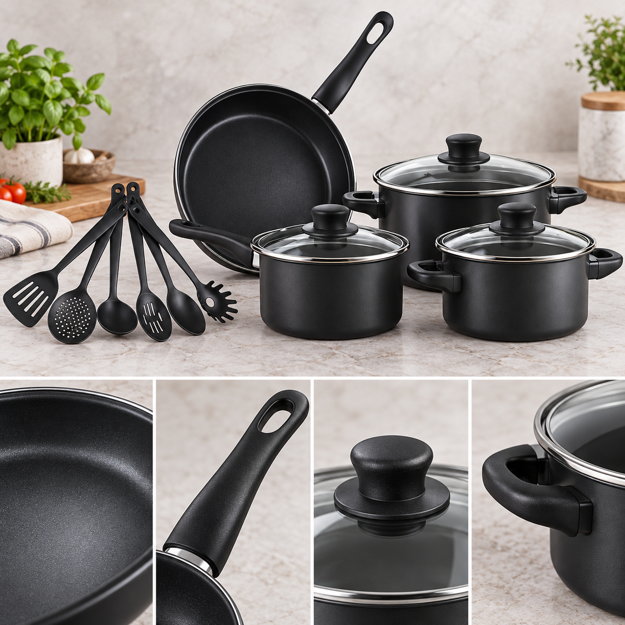 13 Piece Non Stick Cookware Set Black Pots & Pans Glass Lids Kitchen Utensils UK 2 13 Piece Non Stick Cookware Set Black Pots & Pans Glass Lids Kitchen Utensils UK - Image 2