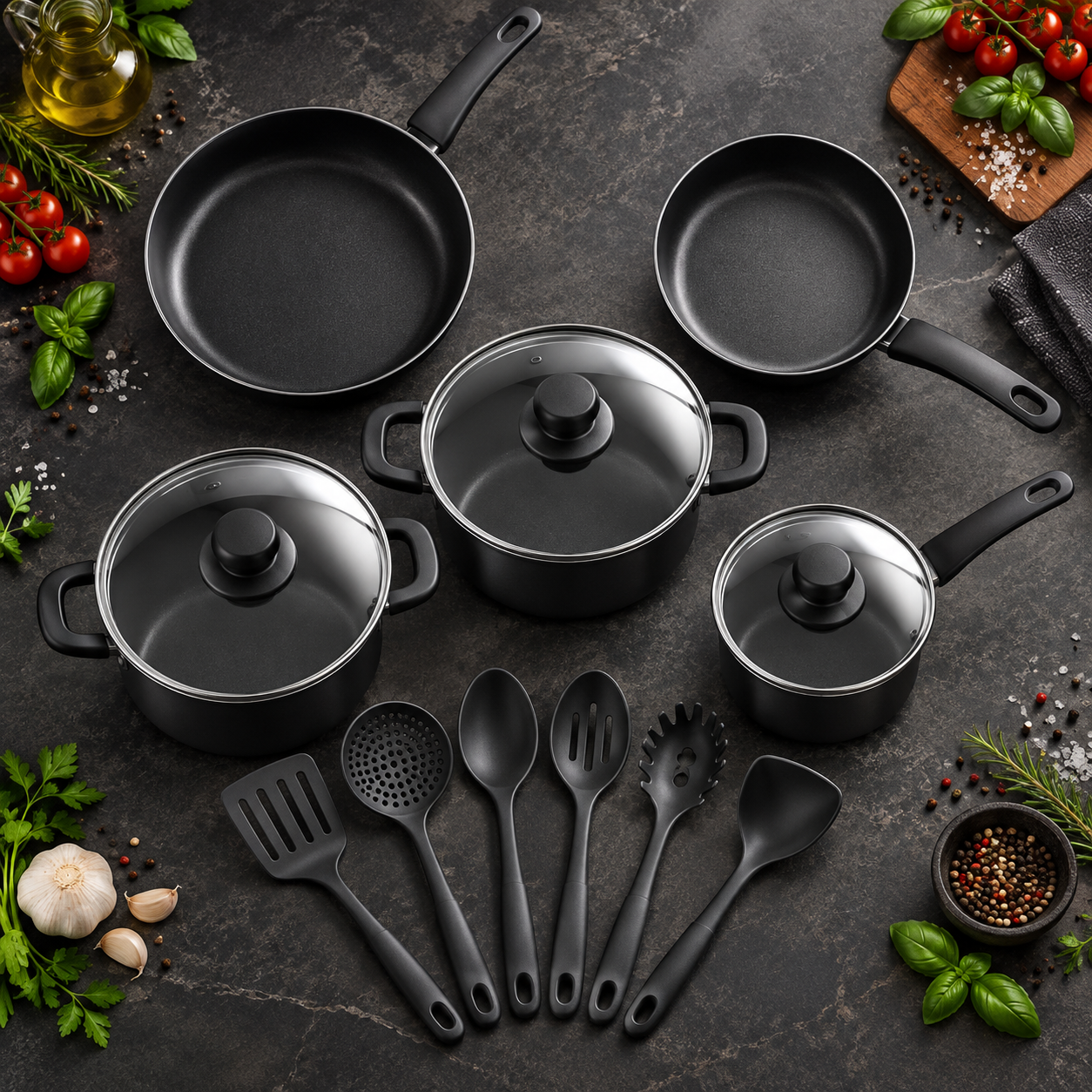 13 Piece Non Stick Cookware Set Black Pots & Pans Glass Lids Kitchen Utensils UK 3 13 Piece Non Stick Cookware Set Black Pots & Pans Glass Lids Kitchen Utensils UK - Image 3
