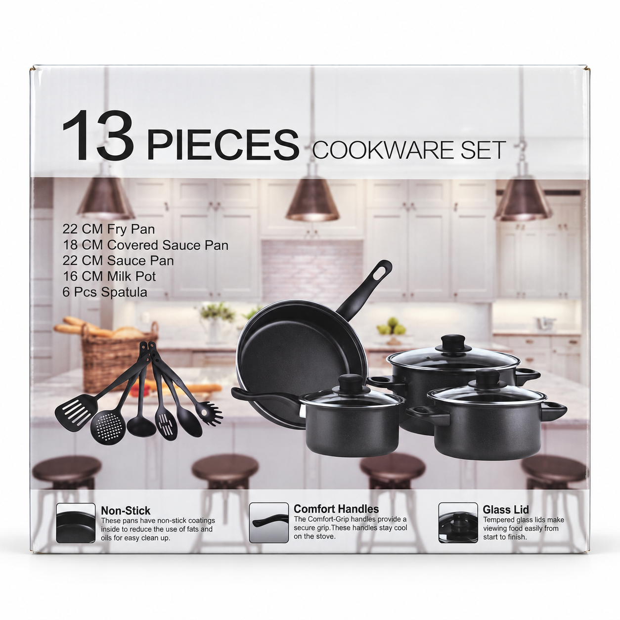 13 Piece Non Stick Cookware Set Black Pots & Pans Glass Lids Kitchen Utensils UK 6 13 Piece Non Stick Cookware Set Black Pots & Pans Glass Lids Kitchen Utensils UK - Image 6
