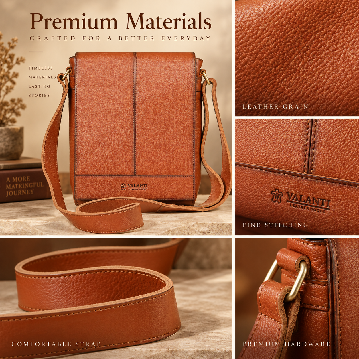 VALANTI Men's Tan Leather Crossbody Bag Shoulder Messenger Work & Travel Daily UK 4 VALANTI Men's Tan Leather Crossbody Bag Shoulder Messenger Work & Travel Daily UK - Image 4