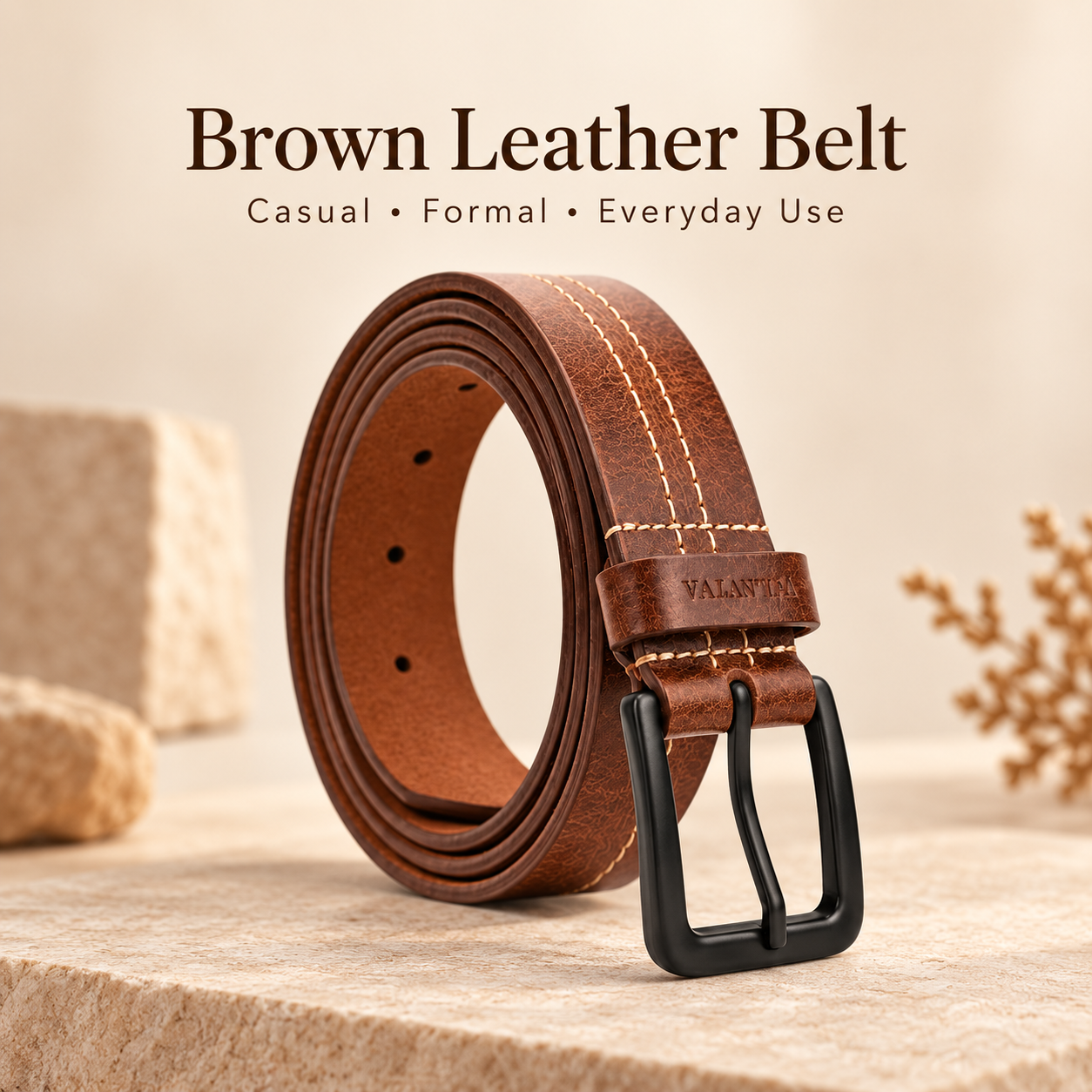 VALANTI Men's Brown Leather Belt Black Pin Buckle Stitched Casual Formal Gift UK 1 VALANTI Men's Brown Leather Belt Black Pin Buckle Stitched Casual Formal Gift UK