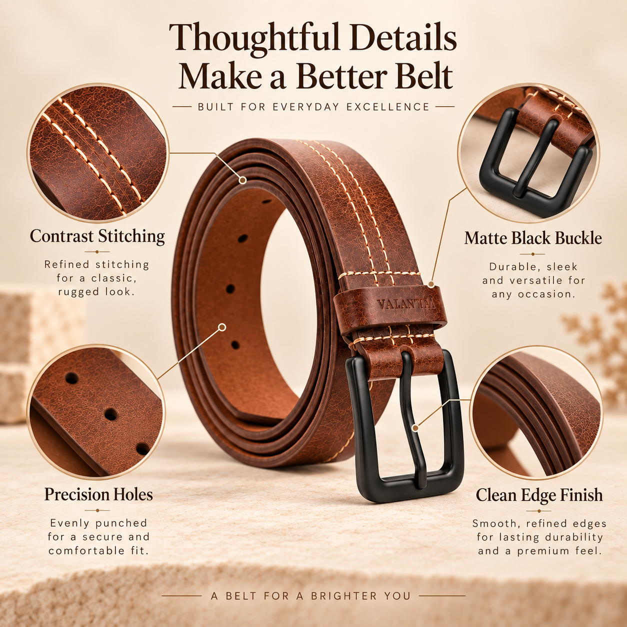 VALANTI Men's Brown Leather Belt Black Pin Buckle Stitched Casual Formal Gift UK 3 VALANTI Men's Brown Leather Belt Black Pin Buckle Stitched Casual Formal Gift UK - Image 3