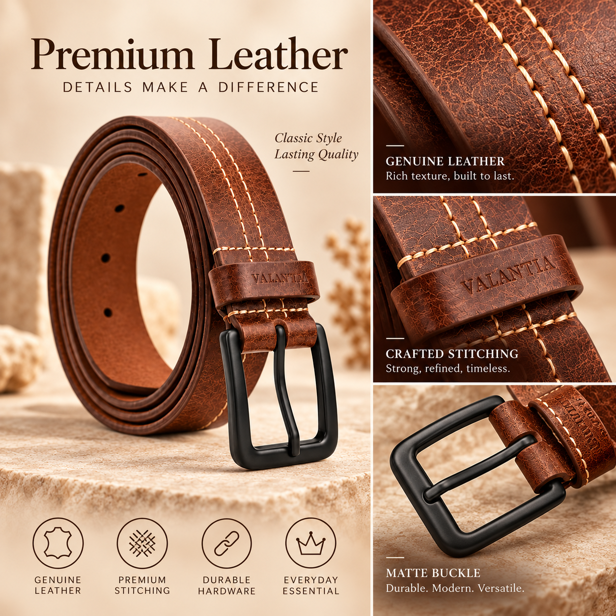 VALANTI Men's Brown Leather Belt Black Pin Buckle Stitched Casual Formal Gift UK 4 VALANTI Men's Brown Leather Belt Black Pin Buckle Stitched Casual Formal Gift UK - Image 4