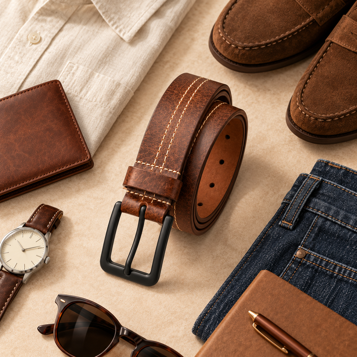 VALANTI Men's Brown Leather Belt Black Pin Buckle Stitched Casual Formal Gift UK 5 VALANTI Men's Brown Leather Belt Black Pin Buckle Stitched Casual Formal Gift UK - Image 5