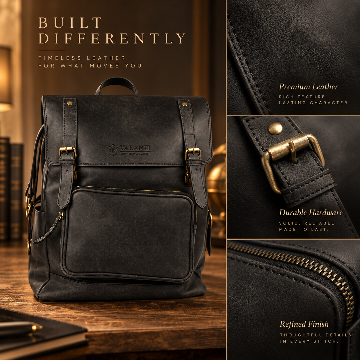 VALANTI Black Leather Backpack Laptop Travel Work School College Rucksack Bag UK 4 VALANTI Black Leather Backpack Laptop Travel Work School College Rucksack Bag UK - Image 4