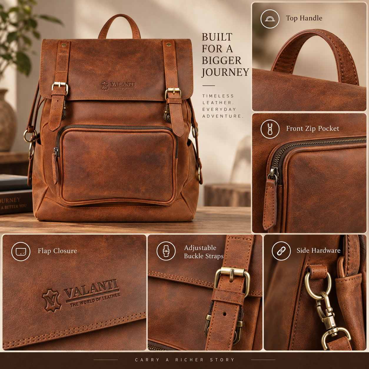 VALANTI Vintage Brown Leather Backpack Laptop Travel Work School Rucksack Bag UK 3 VALANTI Vintage Brown Leather Backpack Laptop Travel Work School Rucksack Bag UK - Image 3