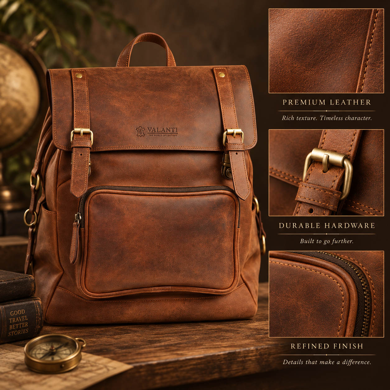 VALANTI Vintage Brown Leather Backpack Laptop Travel Work School Rucksack Bag UK 4 VALANTI Vintage Brown Leather Backpack Laptop Travel Work School Rucksack Bag UK - Image 4