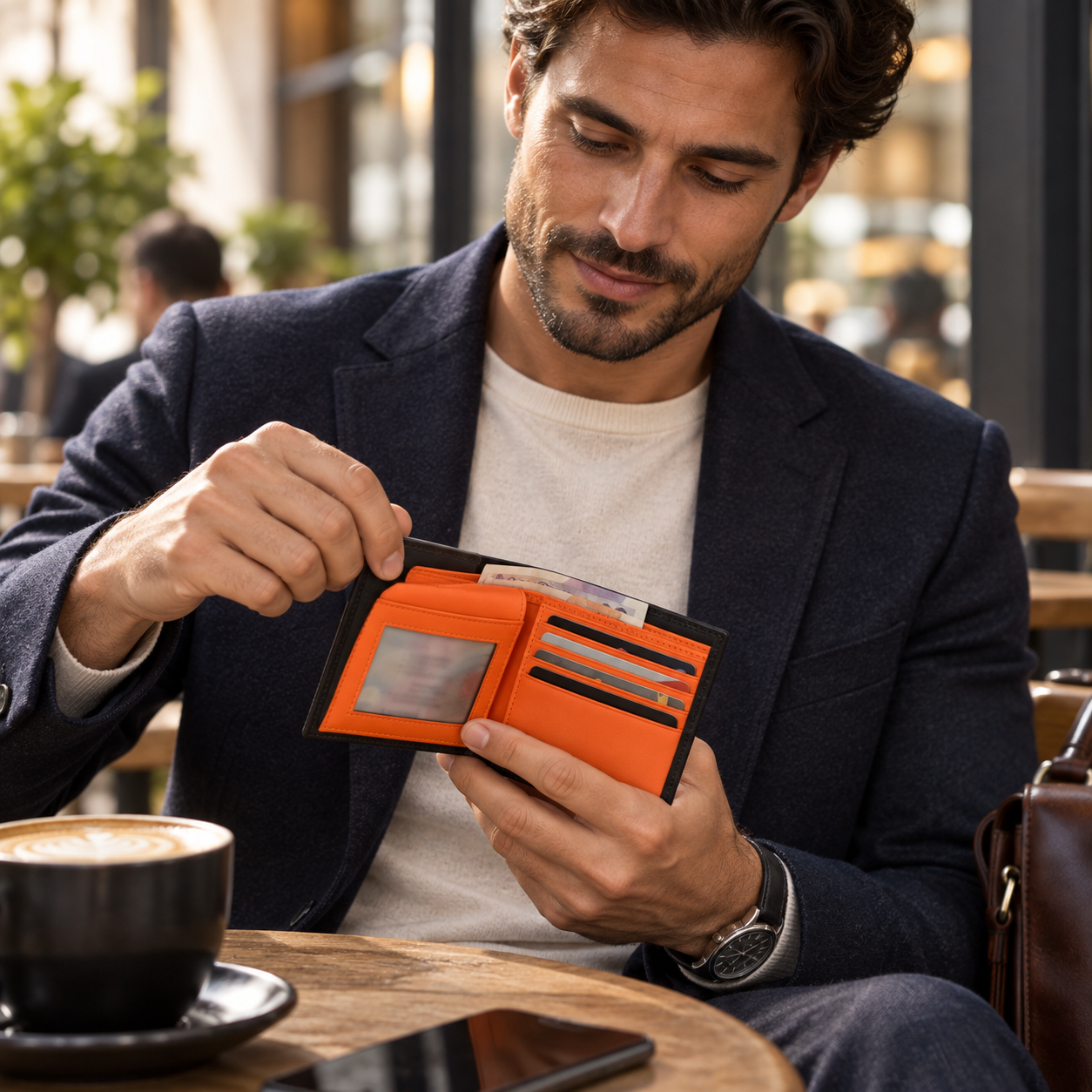 VALANTI Men's Black Orange Leather Bifold Wallet Card Cash ID Holder Slim Gift UK 3 VALANTI Men's Black Orange Leather Bifold Wallet Card Cash ID Holder Slim Gift UK - Image 3