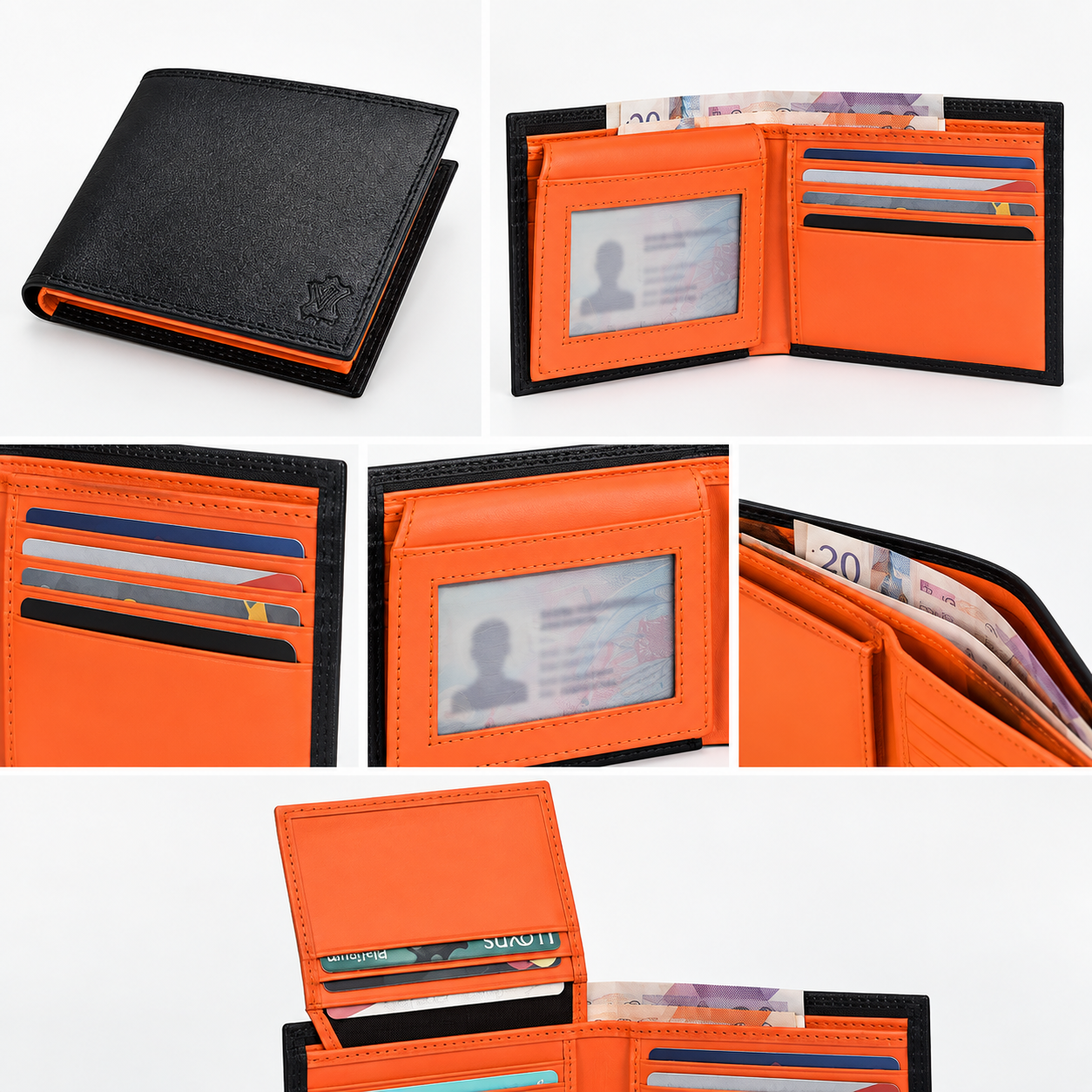 VALANTI Men's Black Orange Leather Bifold Wallet Card Cash ID Holder Slim Gift UK 4 VALANTI Men's Black Orange Leather Bifold Wallet Card Cash ID Holder Slim Gift UK - Image 4