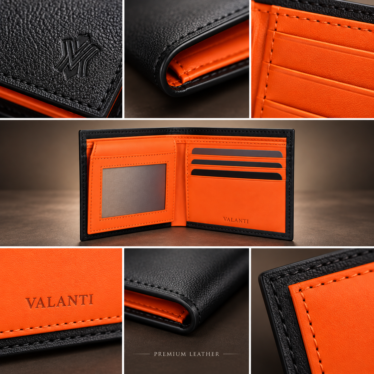 VALANTI Men's Black Orange Leather Bifold Wallet Card Cash ID Holder Slim Gift UK 5 VALANTI Men's Black Orange Leather Bifold Wallet Card Cash ID Holder Slim Gift UK - Image 5