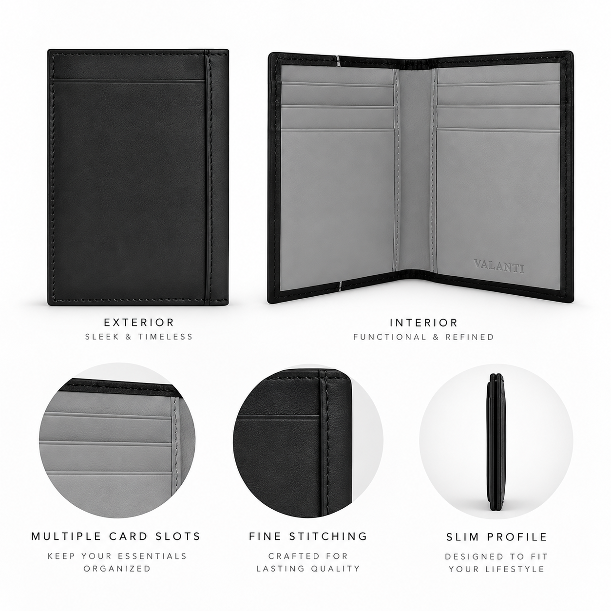 VALANTI Men's Black Grey Leather Cardholder Wallet 8 Slots Slim Bifold Cash ID UK 3 VALANTI Men's Black Grey Leather Cardholder Wallet 8 Slots Slim Bifold Cash ID UK - Image 3