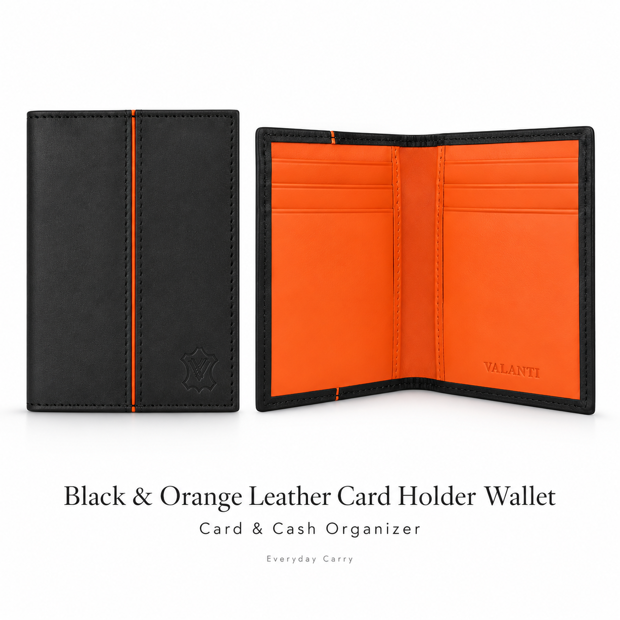 VALANTI Black Orange Leather Card Holder Wallet 8 Slots Slim Bifold Cash Gift UK 1 VALANTI Black Orange Leather Card Holder Wallet 8 Slots Slim Bifold Cash Gift UK