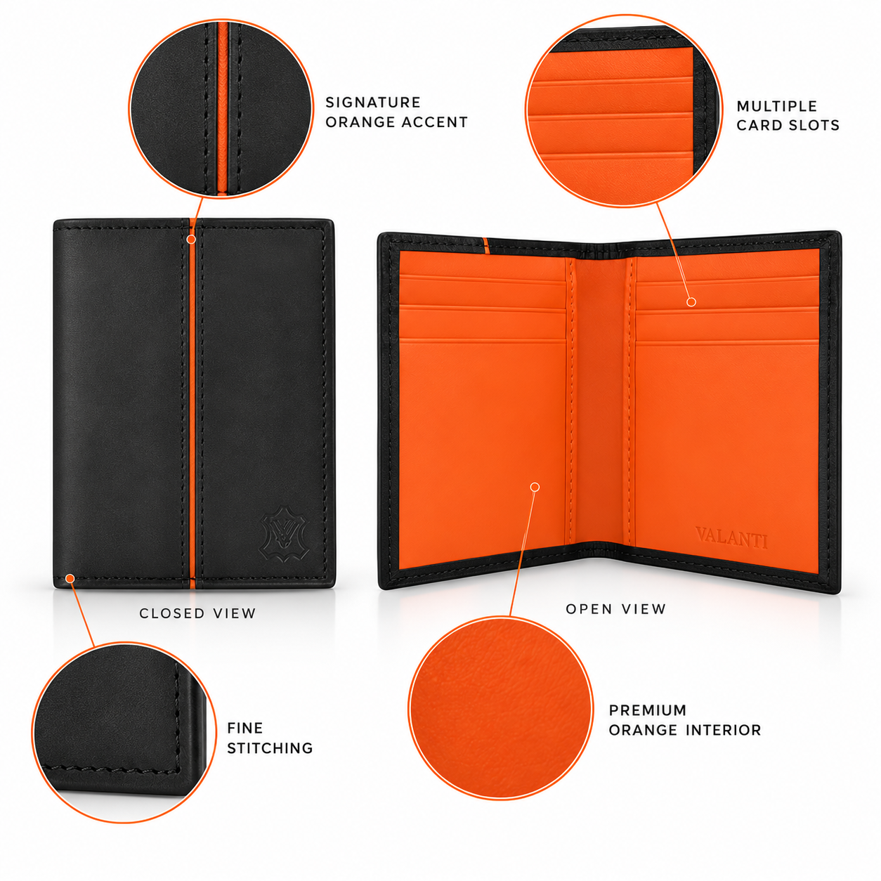 VALANTI Black Orange Leather Card Holder Wallet 8 Slots Slim Bifold Cash Gift UK 3 VALANTI Black Orange Leather Card Holder Wallet 8 Slots Slim Bifold Cash Gift UK - Image 3