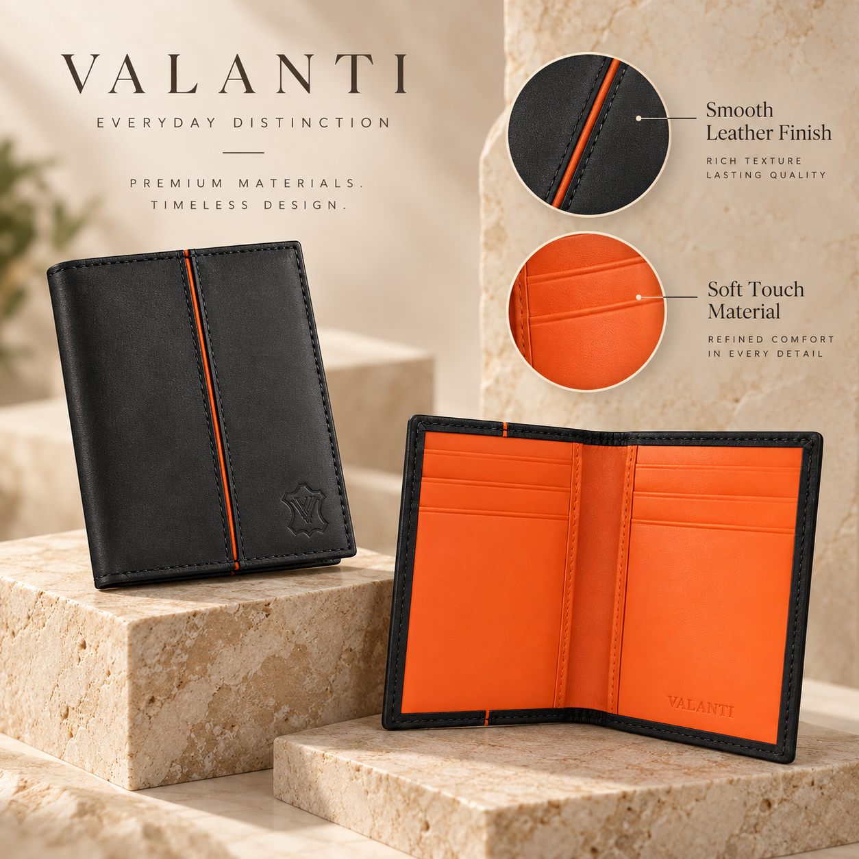 VALANTI Black Orange Leather Card Holder Wallet 8 Slots Slim Bifold Cash Gift UK 4 VALANTI Black Orange Leather Card Holder Wallet 8 Slots Slim Bifold Cash Gift UK - Image 4