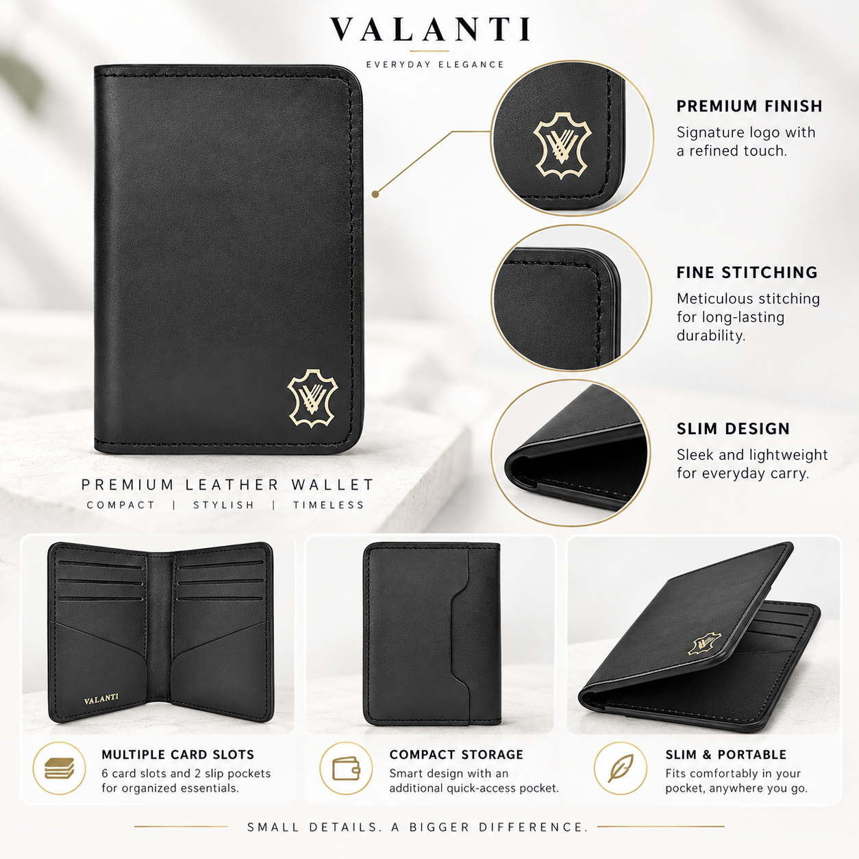 VALANTI Men's Black Leather Wallet Slim Bifold Card Holder Cash Purse Gift Box UK 3 VALANTI Men's Black Leather Wallet Slim Bifold Card Holder Cash Purse Gift Box UK - Image 3