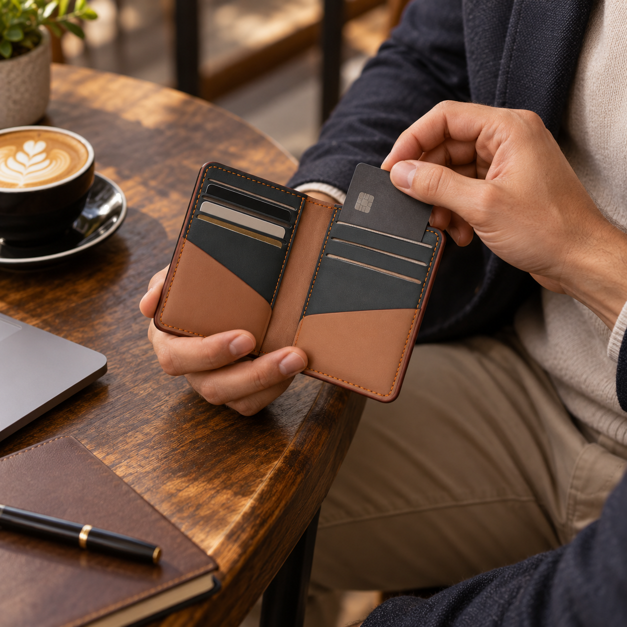 VALANTI Men's Black Tan Leather Wallet Slim Bifold 6 Card Slots Cash Gift Box UK 2 VALANTI Men's Black Tan Leather Wallet Slim Bifold 6 Card Slots Cash Gift Box UK - Image 2