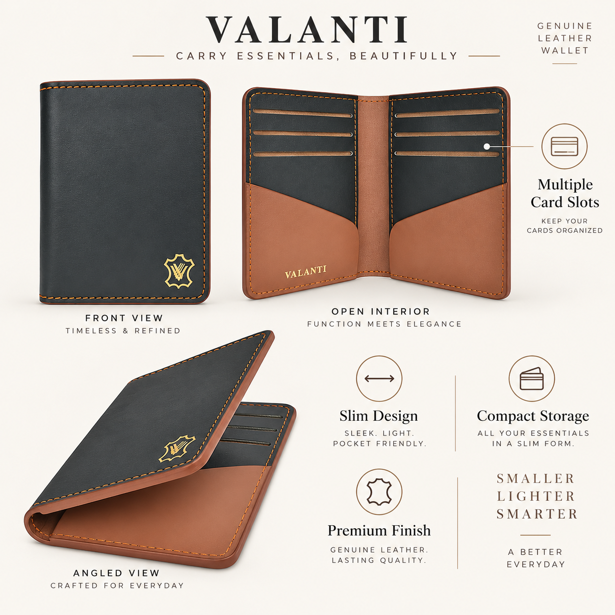 VALANTI Men's Black Tan Leather Wallet Slim Bifold 6 Card Slots Cash Gift Box UK 3 VALANTI Men's Black Tan Leather Wallet Slim Bifold 6 Card Slots Cash Gift Box UK - Image 3