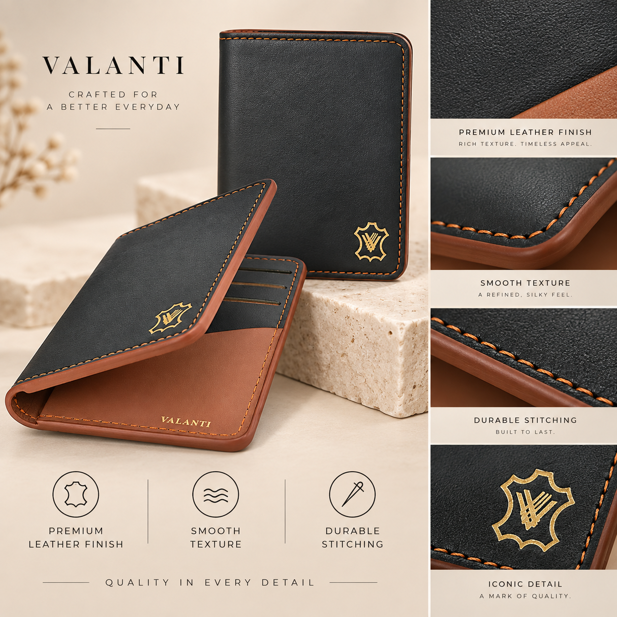 VALANTI Men's Black Tan Leather Wallet Slim Bifold 6 Card Slots Cash Gift Box UK 4 VALANTI Men's Black Tan Leather Wallet Slim Bifold 6 Card Slots Cash Gift Box UK - Image 4