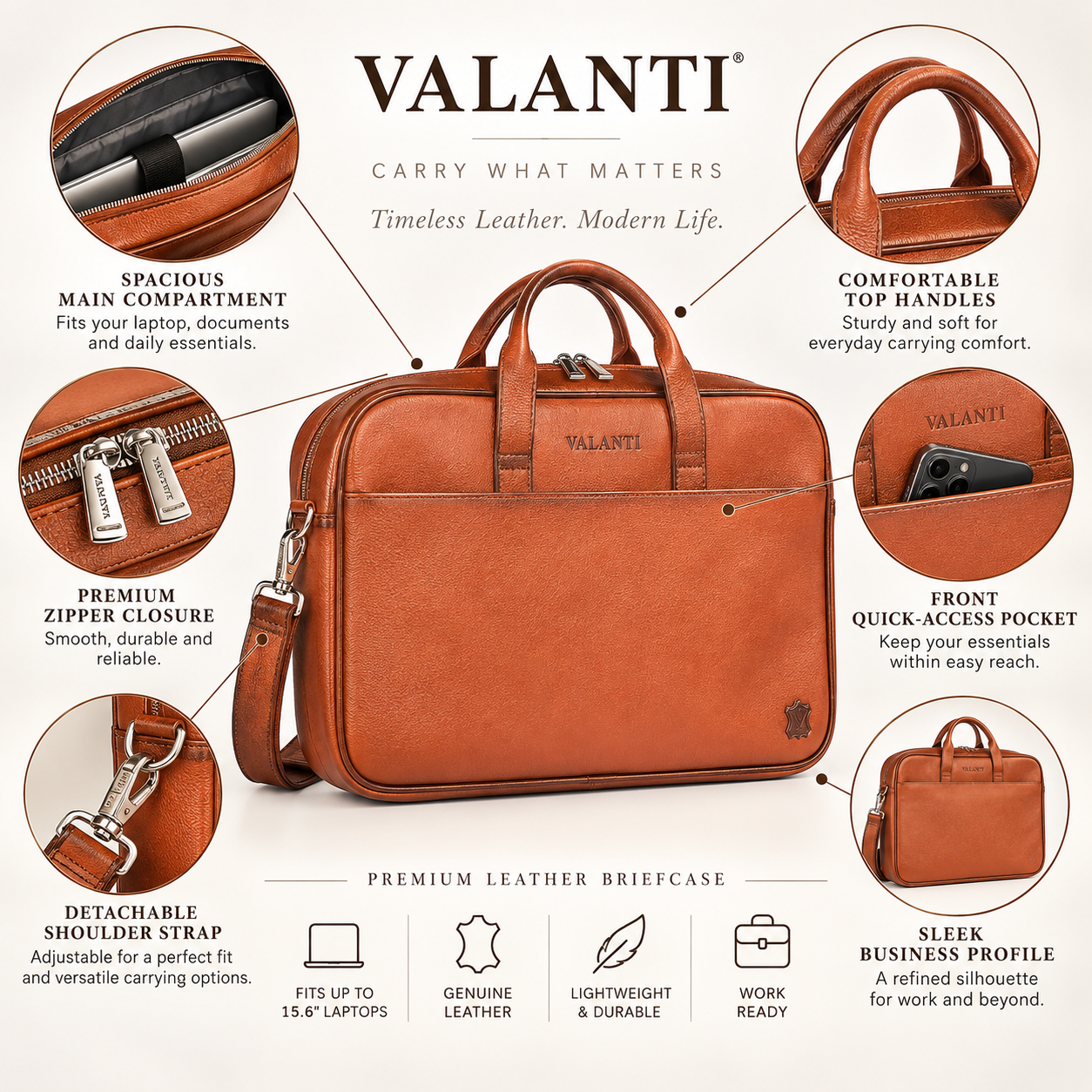VALANTI Men's Tan Leather Laptop Briefcase Shoulder Work & Business Travel Bag UK 3 VALANTI Men's Tan Leather Laptop Briefcase Shoulder Work & Business Travel Bag UK - Image 3