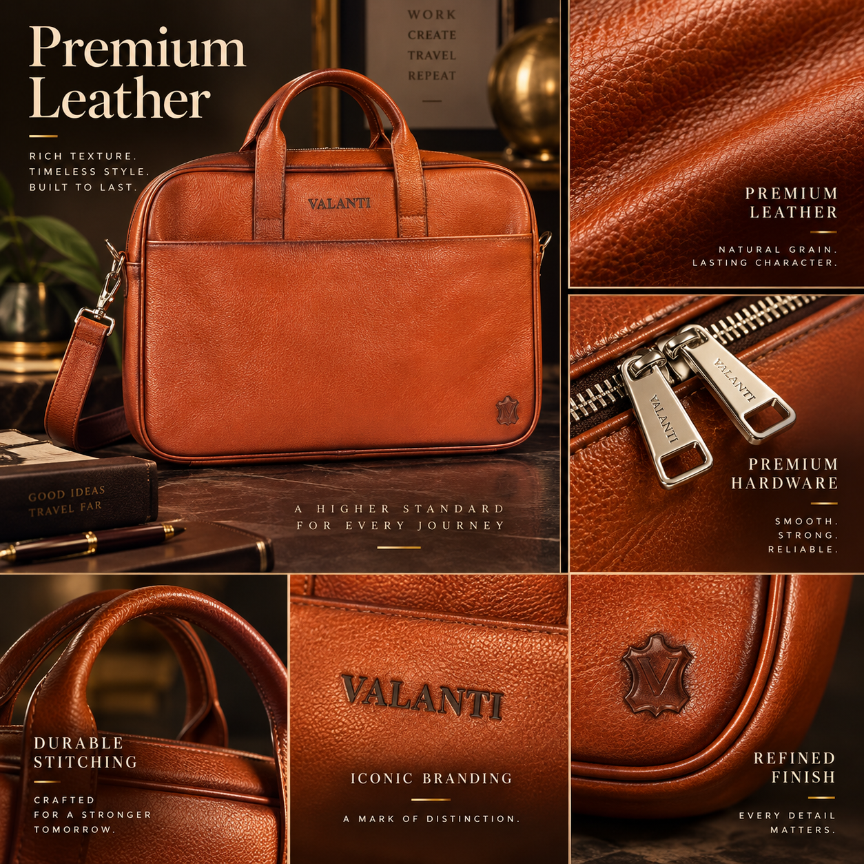 VALANTI Men's Tan Leather Laptop Briefcase Shoulder Work & Business Travel Bag UK 4 VALANTI Men's Tan Leather Laptop Briefcase Shoulder Work & Business Travel Bag UK - Image 4