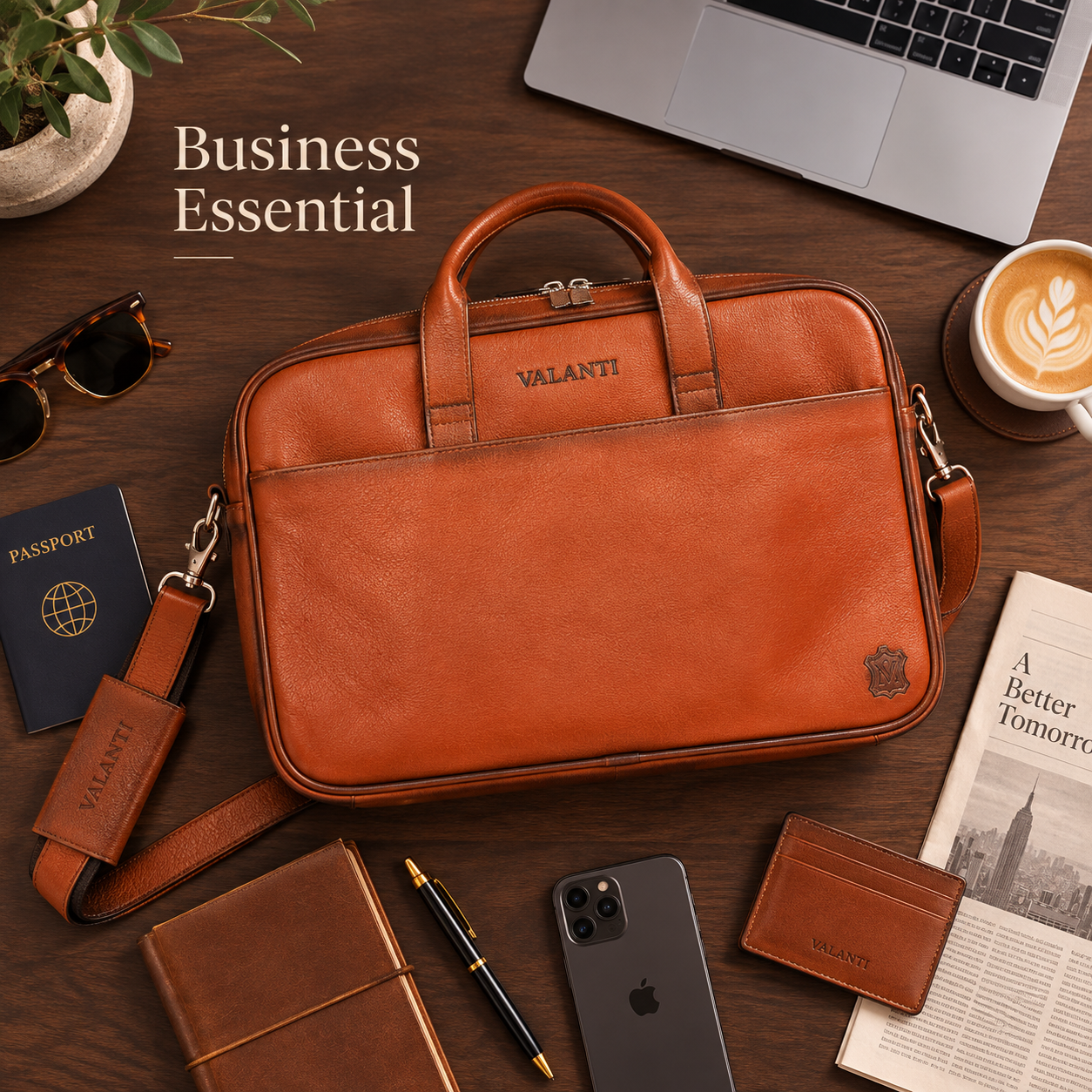 VALANTI Men's Tan Leather Laptop Briefcase Shoulder Work & Business Travel Bag UK 5 VALANTI Men's Tan Leather Laptop Briefcase Shoulder Work & Business Travel Bag UK - Image 5