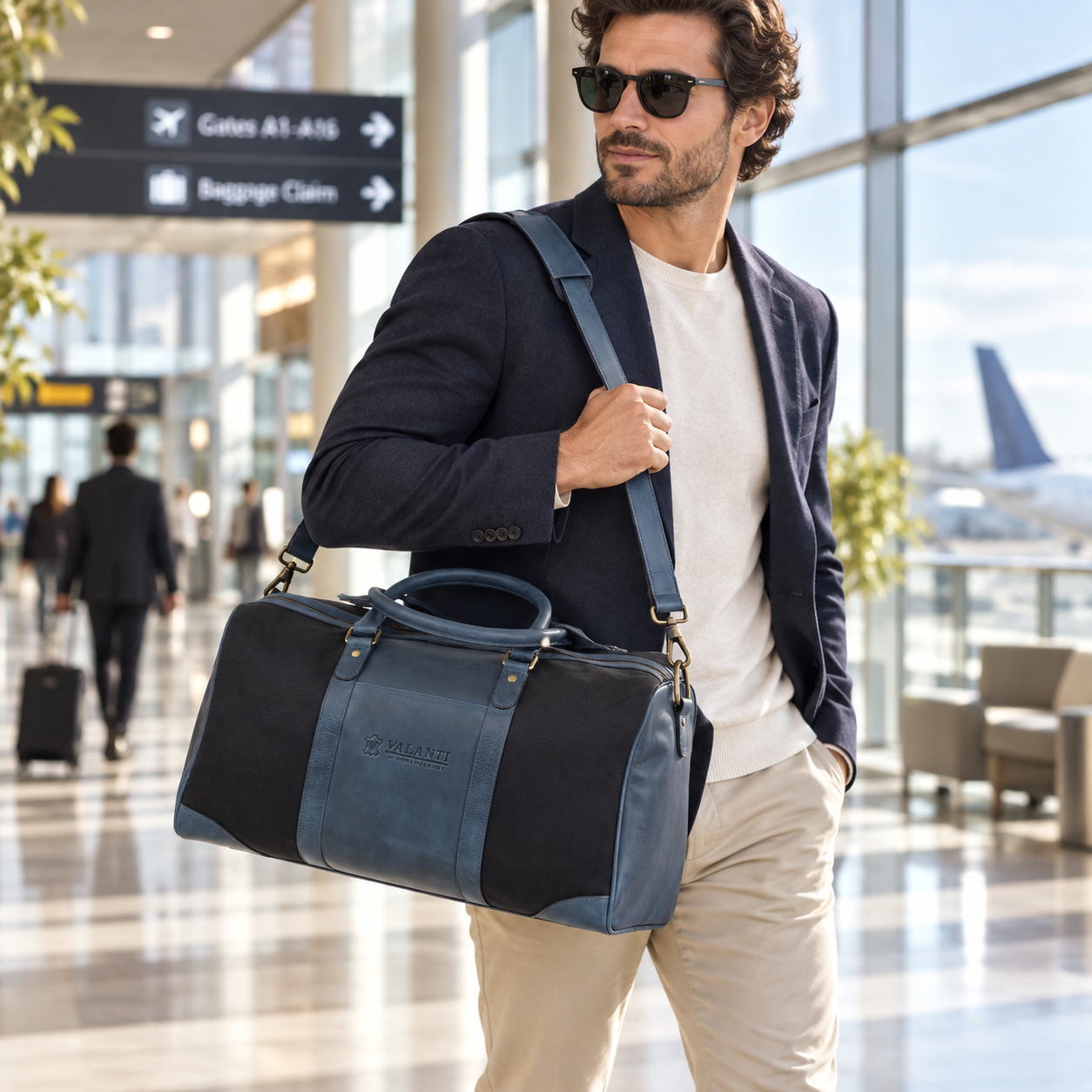 VALANTI Men's Blue Black Canvas Leather Duffle Travel Holdall Gym Weekend Bag UK 2 VALANTI Men's Blue Black Canvas Leather Duffle Travel Holdall Gym Weekend Bag UK - Image 2