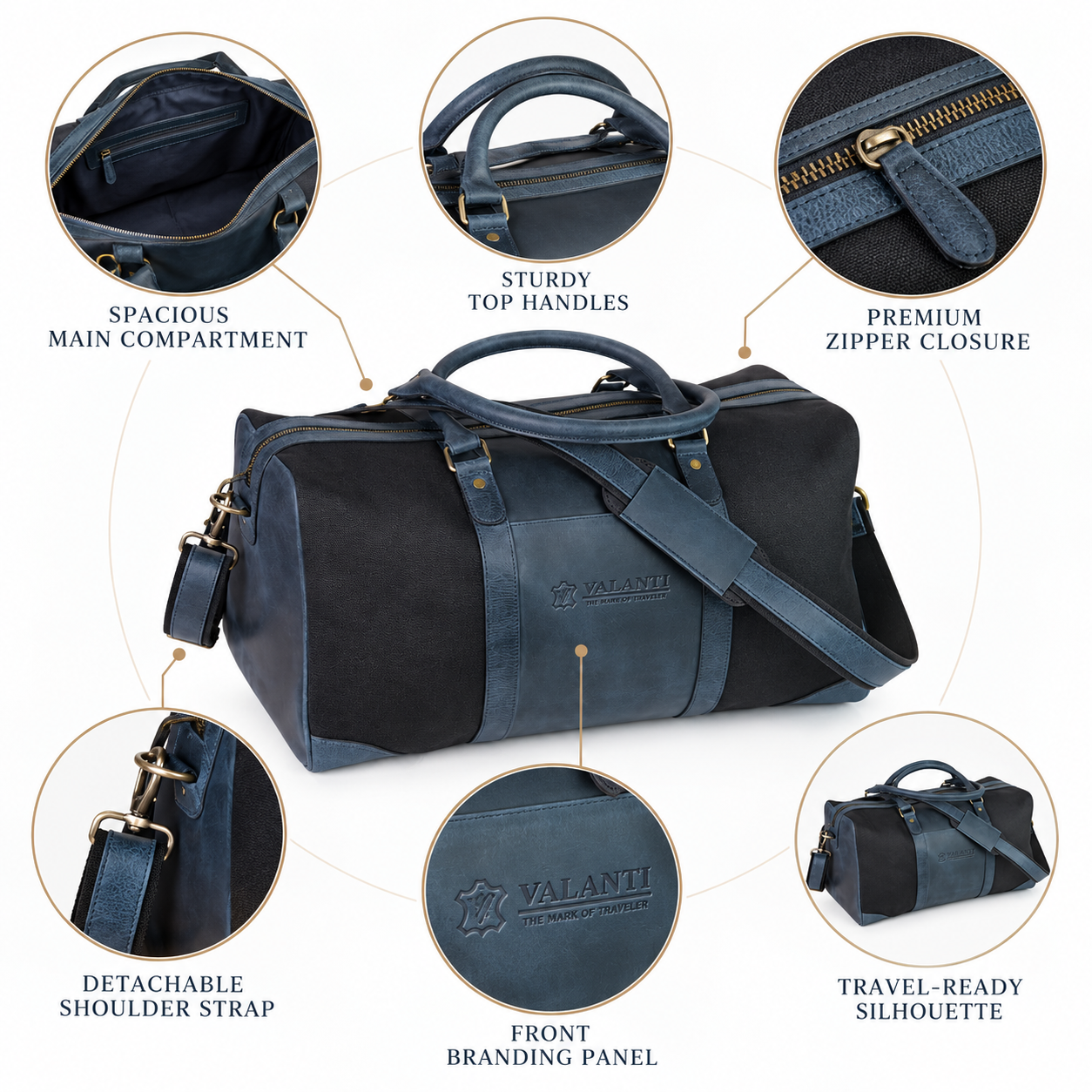 VALANTI Men's Blue Black Canvas Leather Duffle Travel Holdall Gym Weekend Bag UK 3 VALANTI Men's Blue Black Canvas Leather Duffle Travel Holdall Gym Weekend Bag UK - Image 3