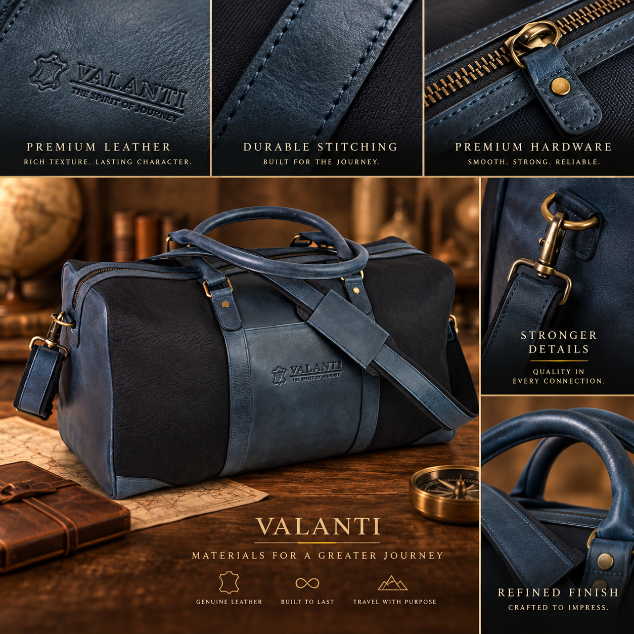 VALANTI Men's Blue Black Canvas Leather Duffle Travel Holdall Gym Weekend Bag UK 4 VALANTI Men's Blue Black Canvas Leather Duffle Travel Holdall Gym Weekend Bag UK - Image 4