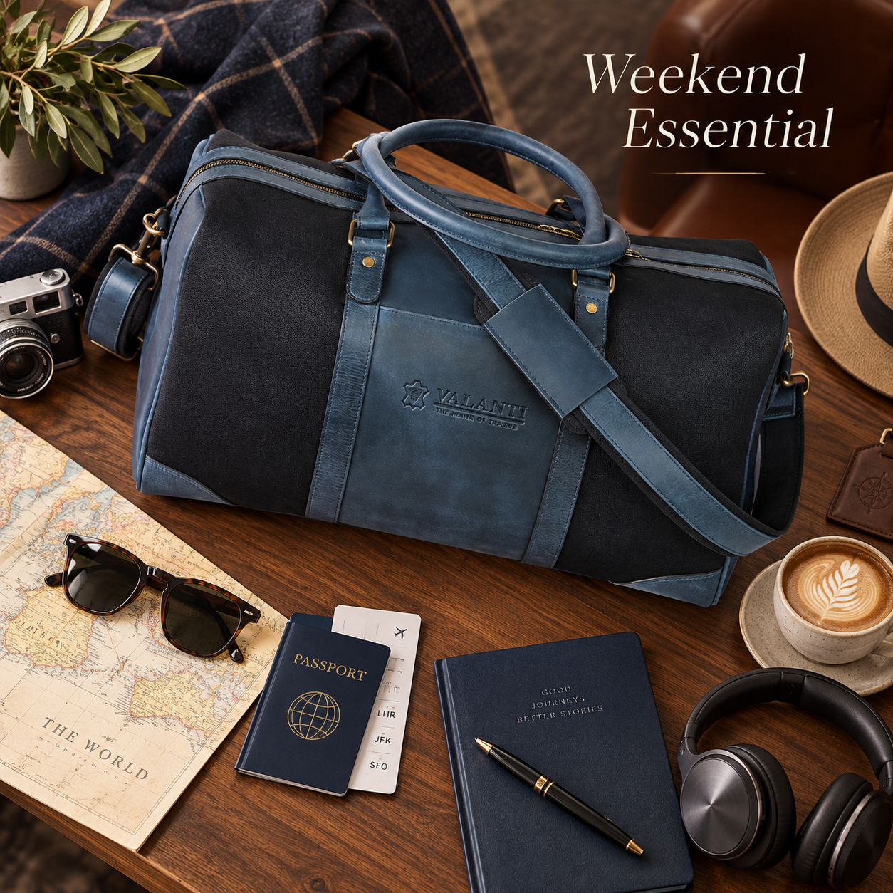 VALANTI Men's Blue Black Canvas Leather Duffle Travel Holdall Gym Weekend Bag UK 5 VALANTI Men's Blue Black Canvas Leather Duffle Travel Holdall Gym Weekend Bag UK - Image 5