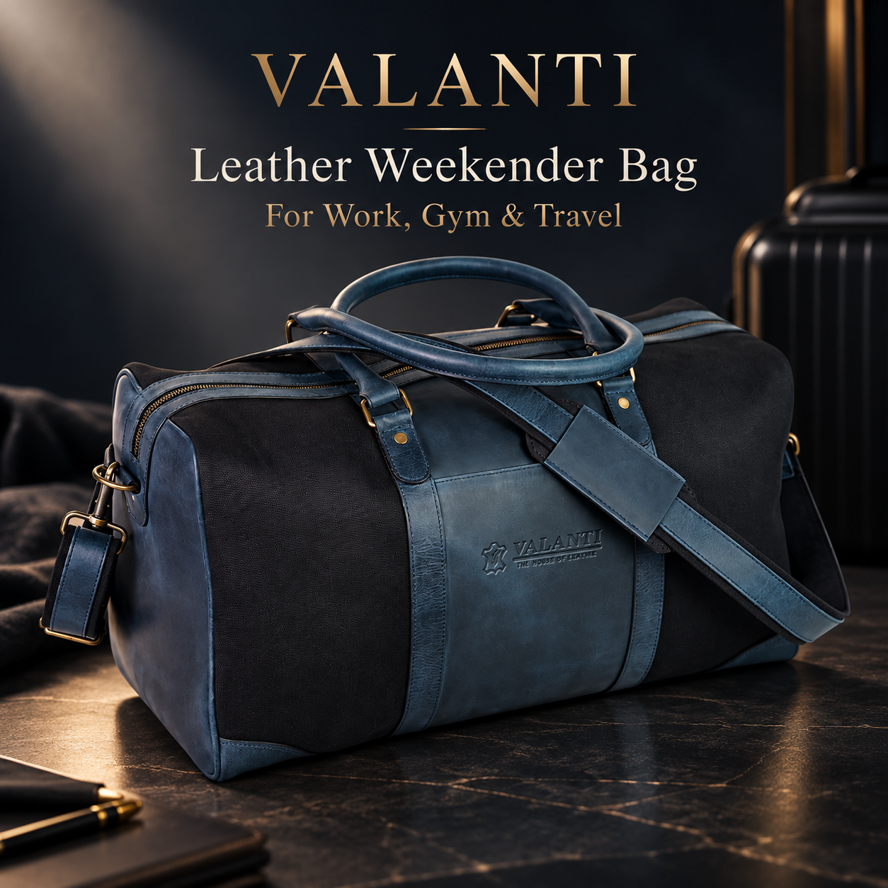 VALANTI Men's Blue Black Canvas Leather Duffle Travel Holdall Gym Weekend Bag UK 6 VALANTI Men's Blue Black Canvas Leather Duffle Travel Holdall Gym Weekend Bag UK - Image 6