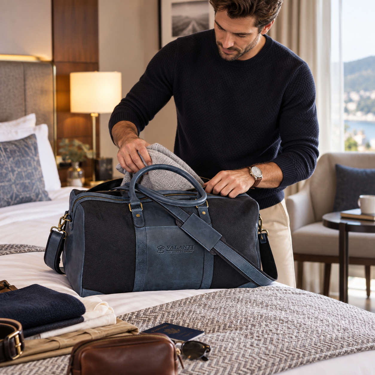 VALANTI Men's Blue Black Canvas Leather Duffle Travel Holdall Gym Weekend Bag UK 7 VALANTI Men's Blue Black Canvas Leather Duffle Travel Holdall Gym Weekend Bag UK - Image 7