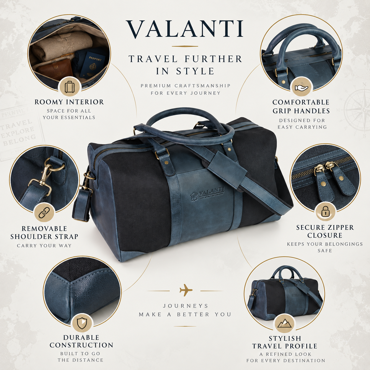 VALANTI Men's Blue Black Canvas Leather Duffle Travel Holdall Gym Weekend Bag UK 8 VALANTI Men's Blue Black Canvas Leather Duffle Travel Holdall Gym Weekend Bag UK - Image 8
