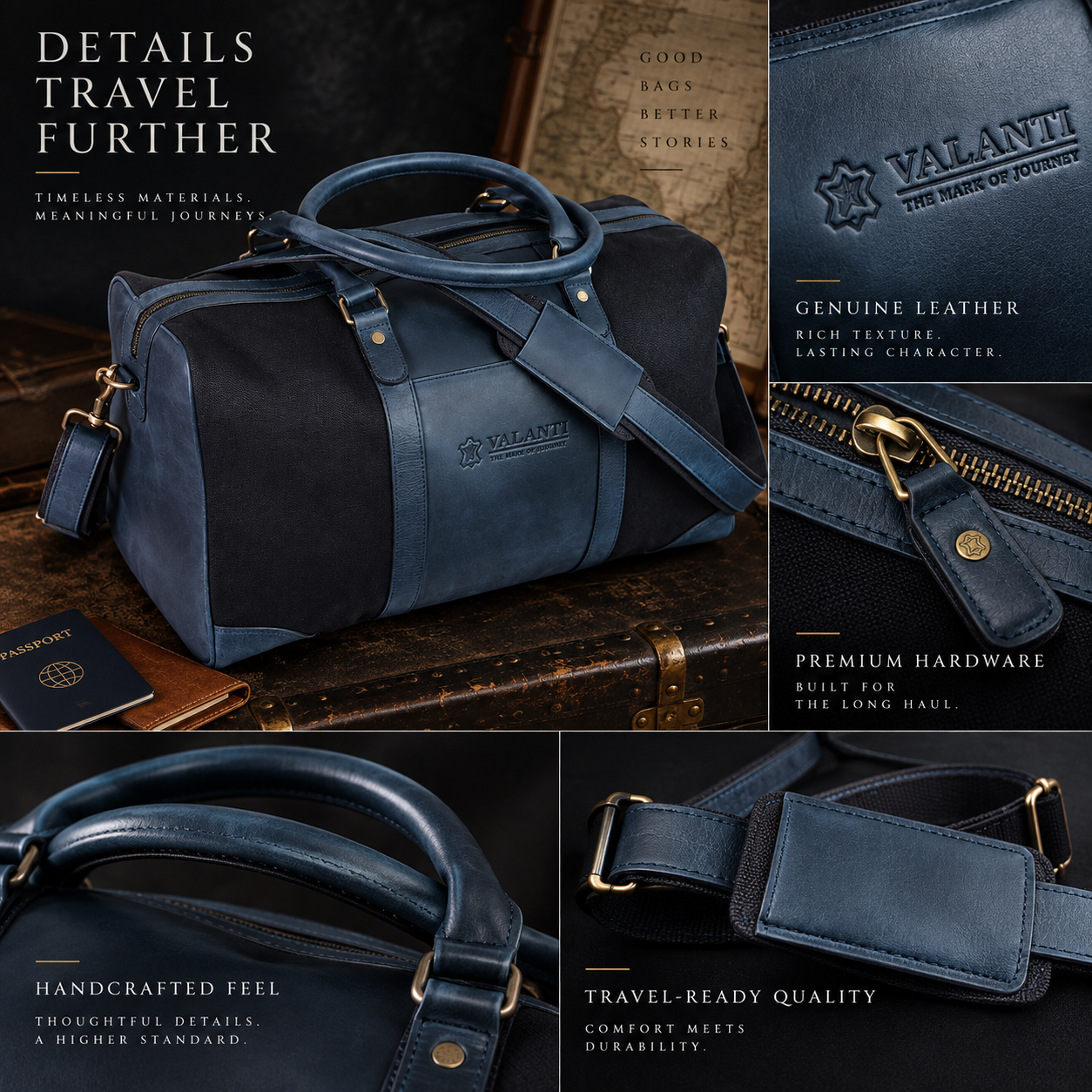 VALANTI Men's Blue Black Canvas Leather Duffle Travel Holdall Gym Weekend Bag UK 9 VALANTI Men's Blue Black Canvas Leather Duffle Travel Holdall Gym Weekend Bag UK - Image 9