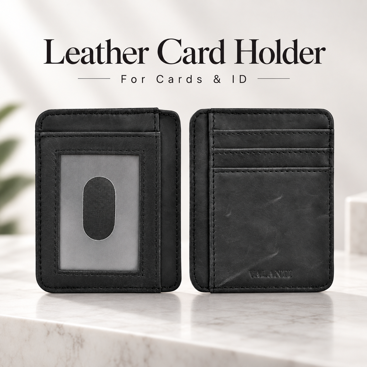 VALANTI Men's Black Leather Card Holder Wallet 6 Slots ID Window Slim Pocket Gift 1 VALANTI Men's Black Leather Card Holder Wallet 6 Slots ID Window Slim Pocket Gift