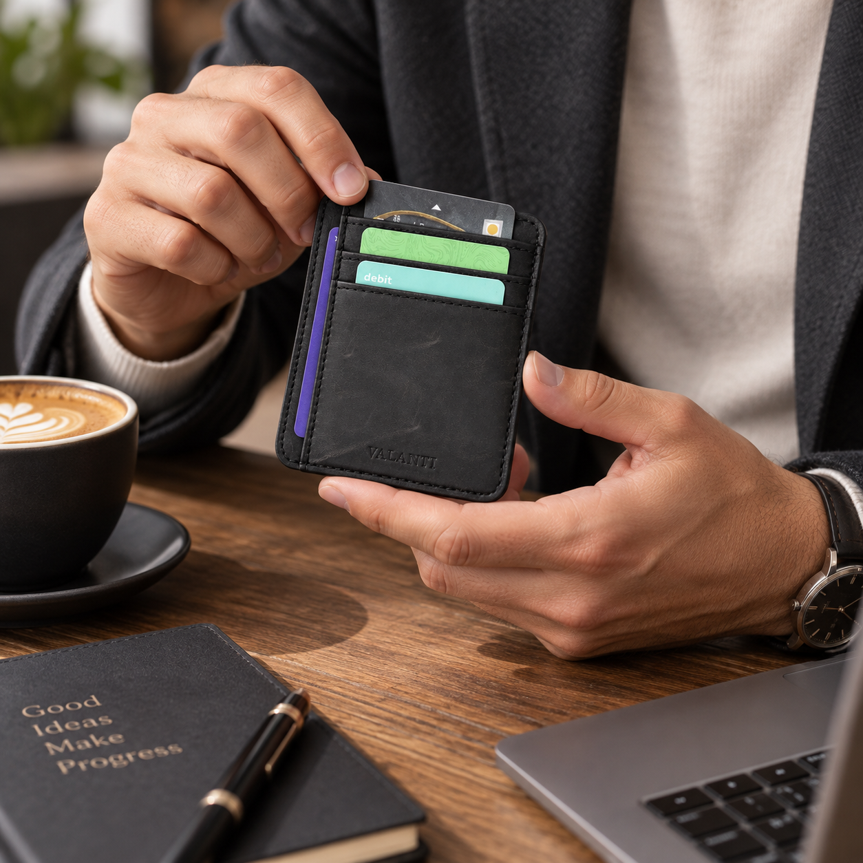 VALANTI Men's Black Leather Card Holder Wallet 6 Slots ID Window Slim Pocket Gift 2 VALANTI Men's Black Leather Card Holder Wallet 6 Slots ID Window Slim Pocket Gift - Image 2