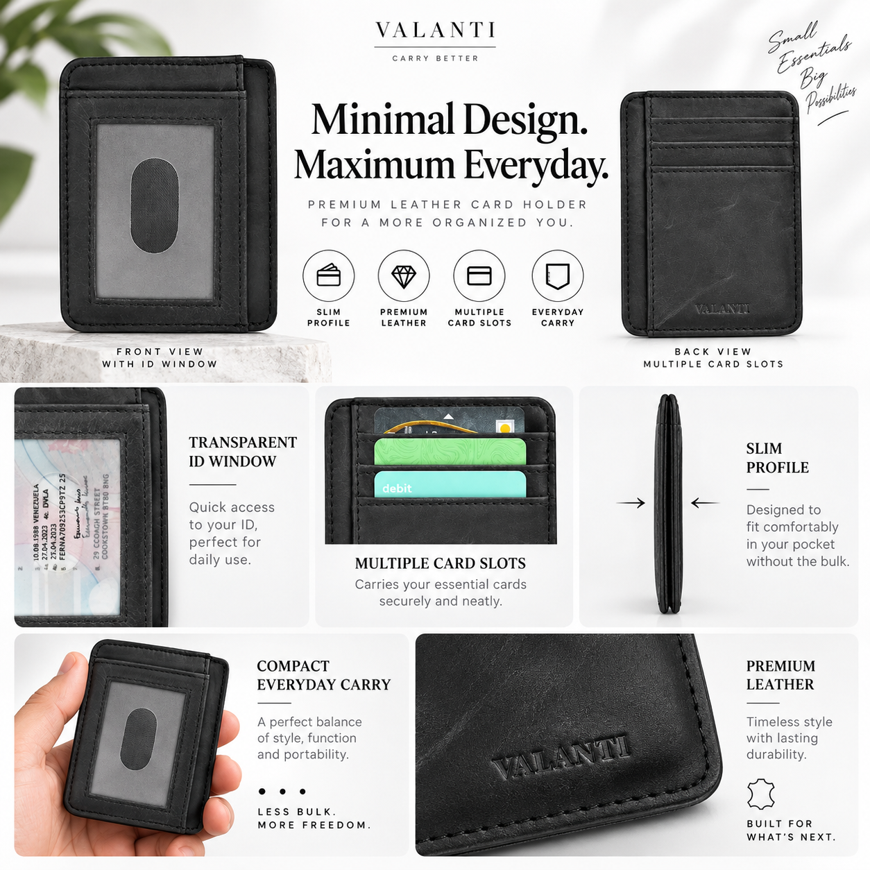 VALANTI Men's Black Leather Card Holder Wallet 6 Slots ID Window Slim Pocket Gift 3 VALANTI Men's Black Leather Card Holder Wallet 6 Slots ID Window Slim Pocket Gift - Image 3