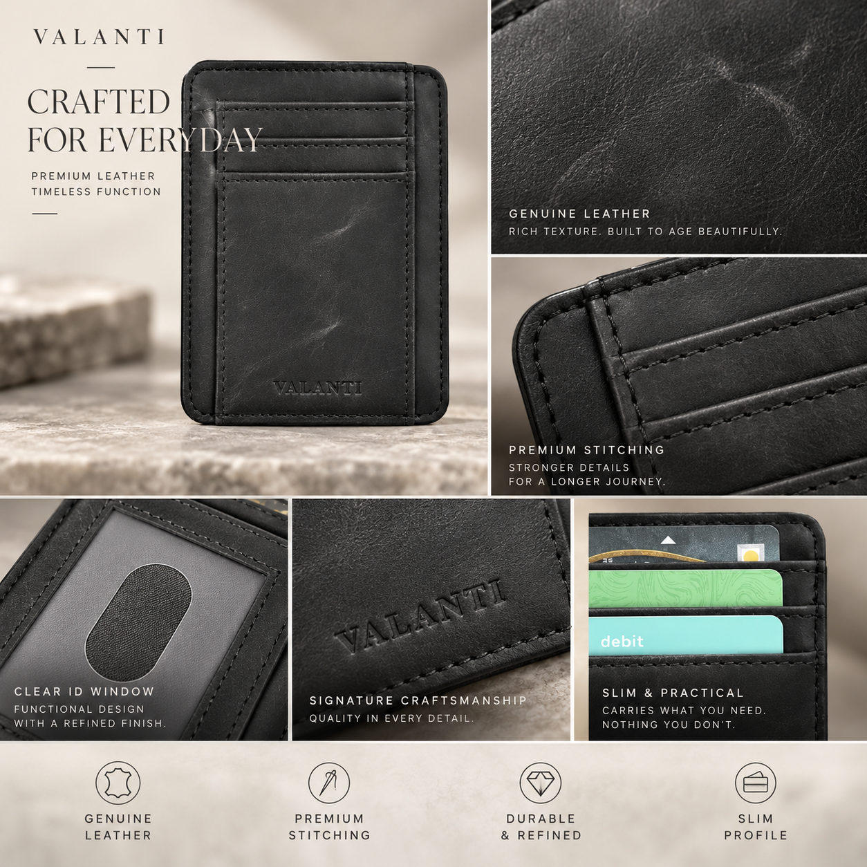 VALANTI Men's Black Leather Card Holder Wallet 6 Slots ID Window Slim Pocket Gift 4 VALANTI Men's Black Leather Card Holder Wallet 6 Slots ID Window Slim Pocket Gift - Image 4