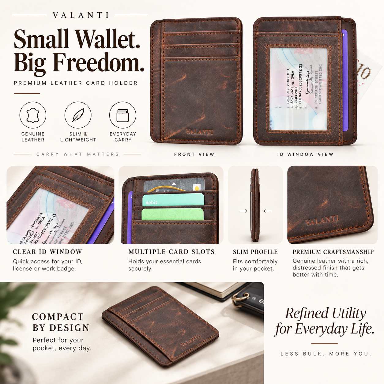VALANTI Men's Brown Leather Card Holder Slim Wallet ID Window Slots Cash Gift UK 3 VALANTI Men's Brown Leather Card Holder Slim Wallet ID Window Slots Cash Gift UK - Image 3