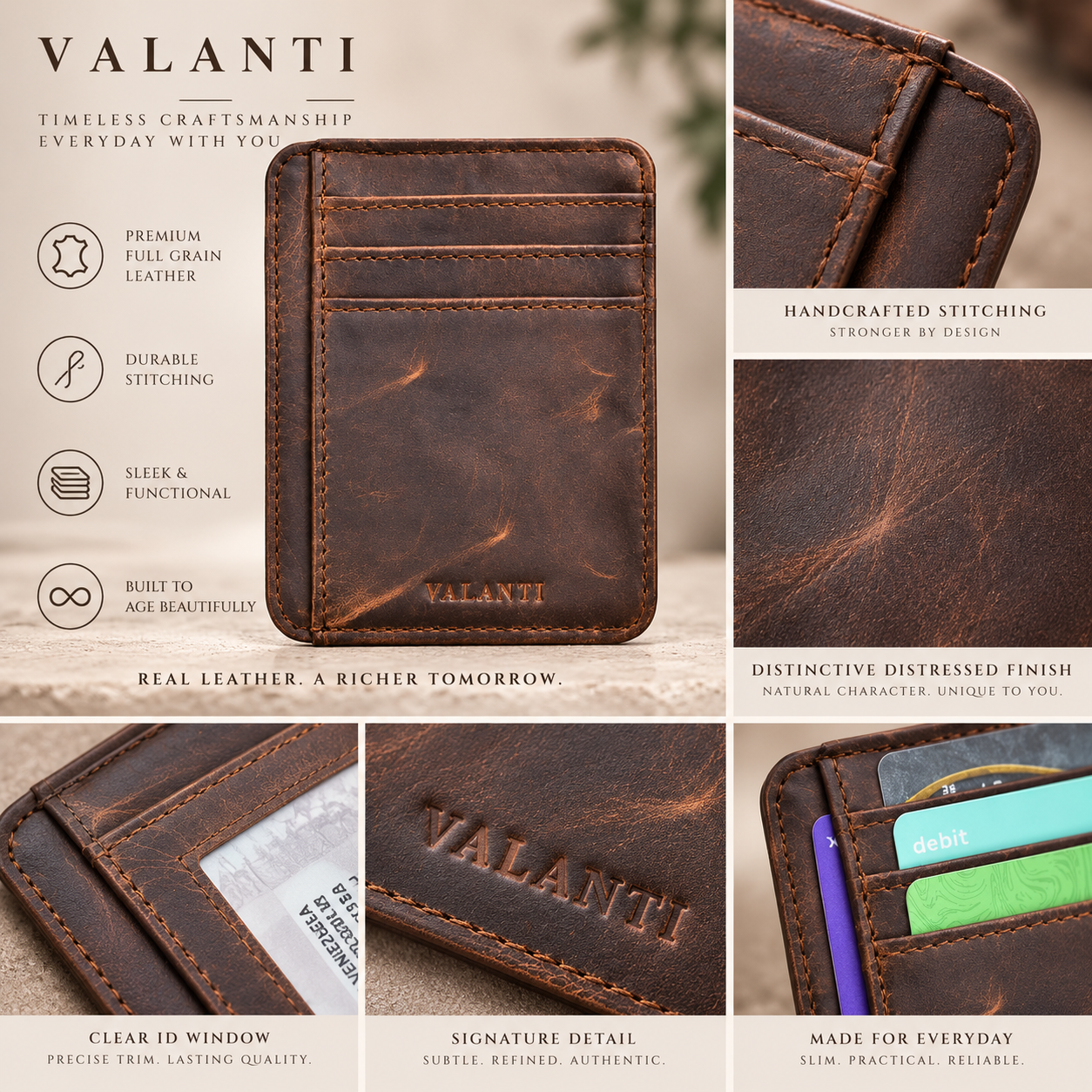 VALANTI Men's Brown Leather Card Holder Slim Wallet ID Window Slots Cash Gift UK 4 VALANTI Men's Brown Leather Card Holder Slim Wallet ID Window Slots Cash Gift UK - Image 4
