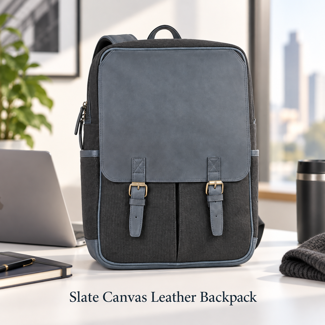 Slate Grey Canvas Leather Backpack Laptop Travel Work College School Rucksack UK 1 Slate Grey Canvas Leather Backpack Laptop Travel Work College School Rucksack UK