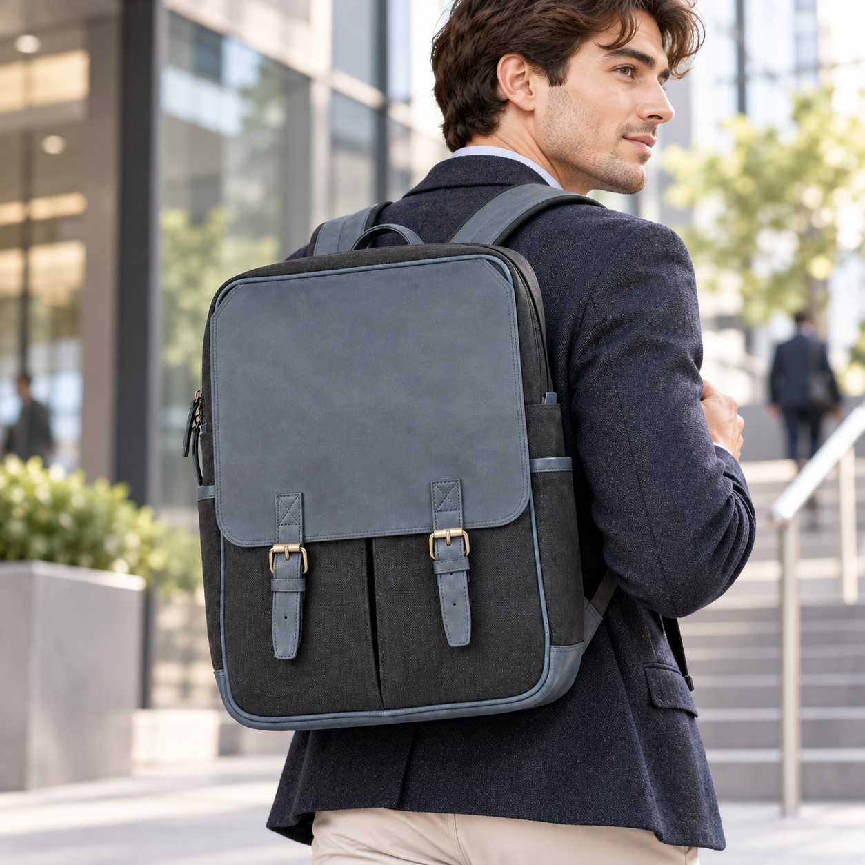 Slate Grey Canvas Leather Backpack Laptop Travel Work College School Rucksack UK 3 Slate Grey Canvas Leather Backpack Laptop Travel Work College School Rucksack UK - Image 3