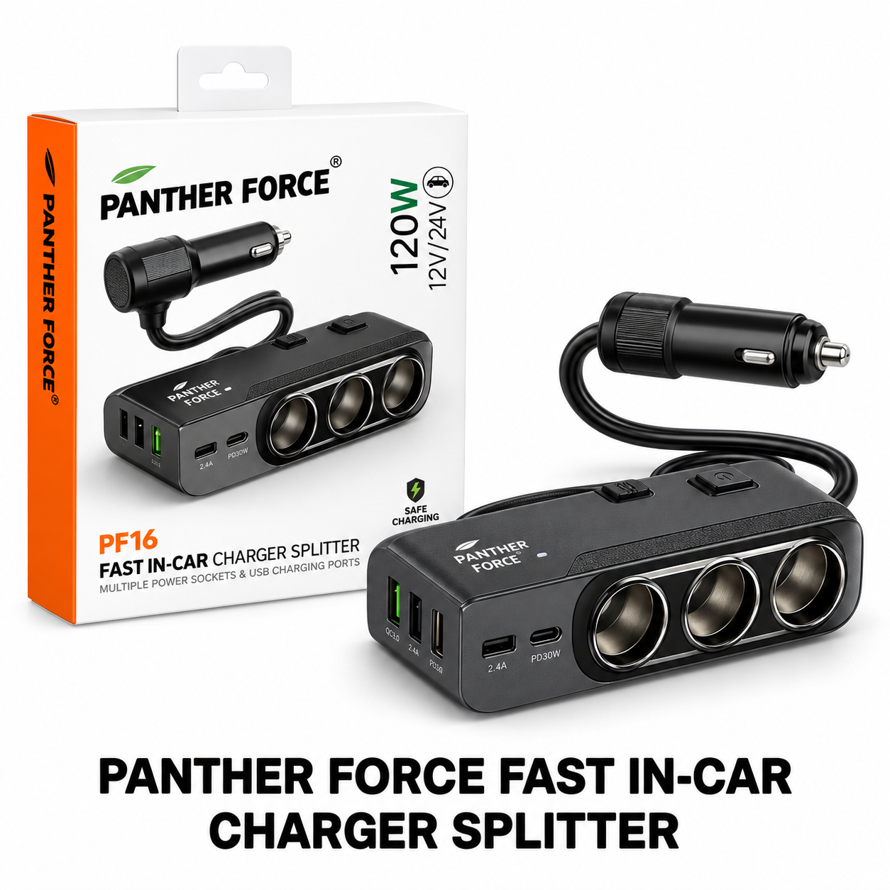 PANTHER FORCE PF16 120W Fast In-Car Charger Splitter – 3 Sockets & Multi USB 1 PANTHER FORCE PF16 120W Fast In-Car Charger Splitter – 3 Sockets & Multi USB