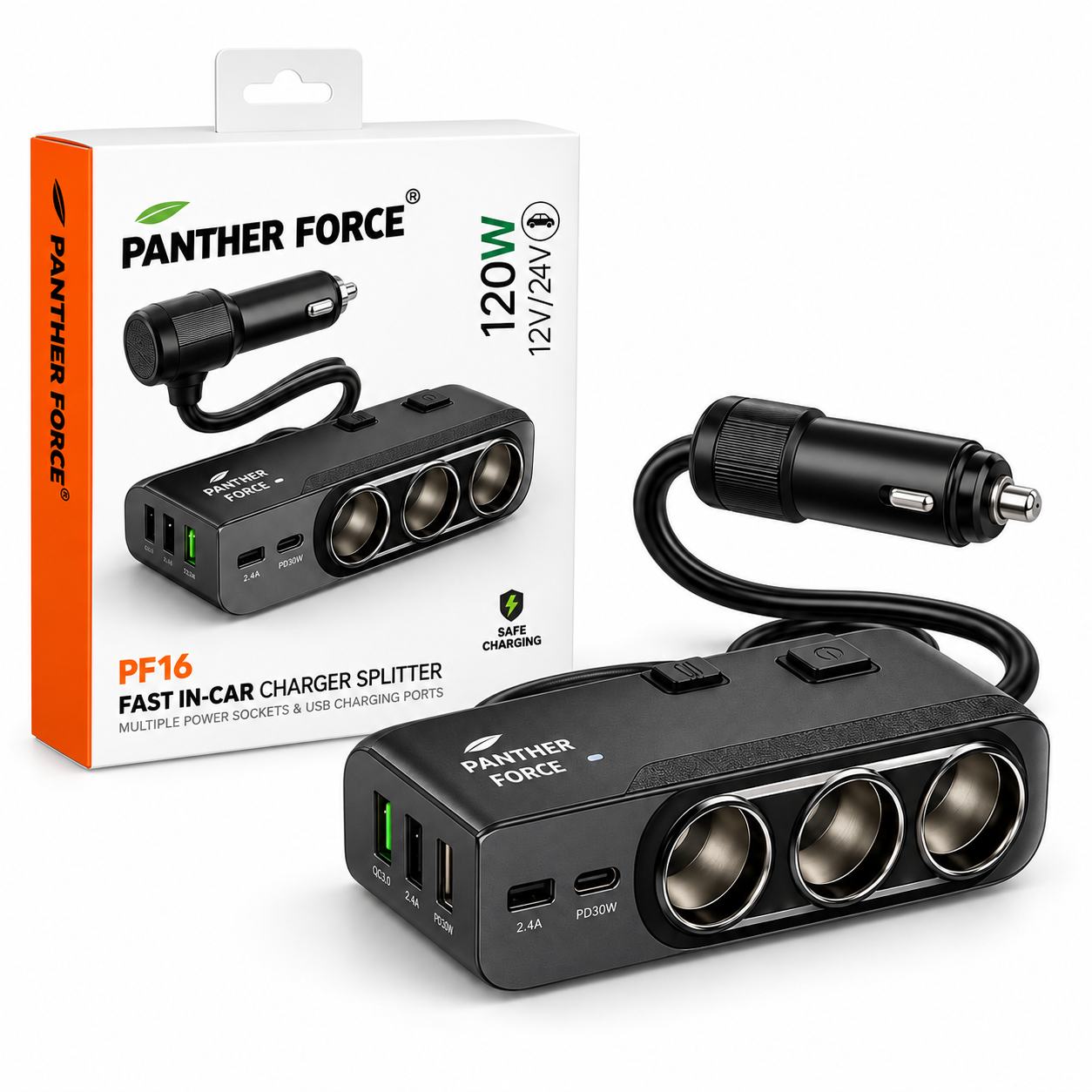 PANTHER FORCE PF16 120W Fast In-Car Charger Splitter – 3 Sockets & Multi USB 3 PANTHER FORCE PF16 120W Fast In-Car Charger Splitter – 3 Sockets & Multi USB - Image 3