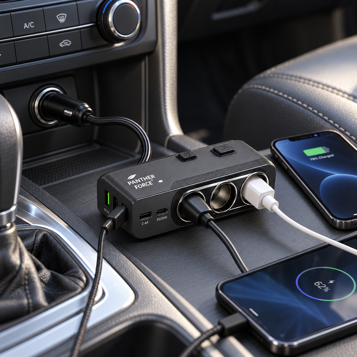 PANTHER FORCE PF16 120W Fast In-Car Charger Splitter – 3 Sockets & Multi USB 4 PANTHER FORCE PF16 120W Fast In-Car Charger Splitter – 3 Sockets & Multi USB - Image 4
