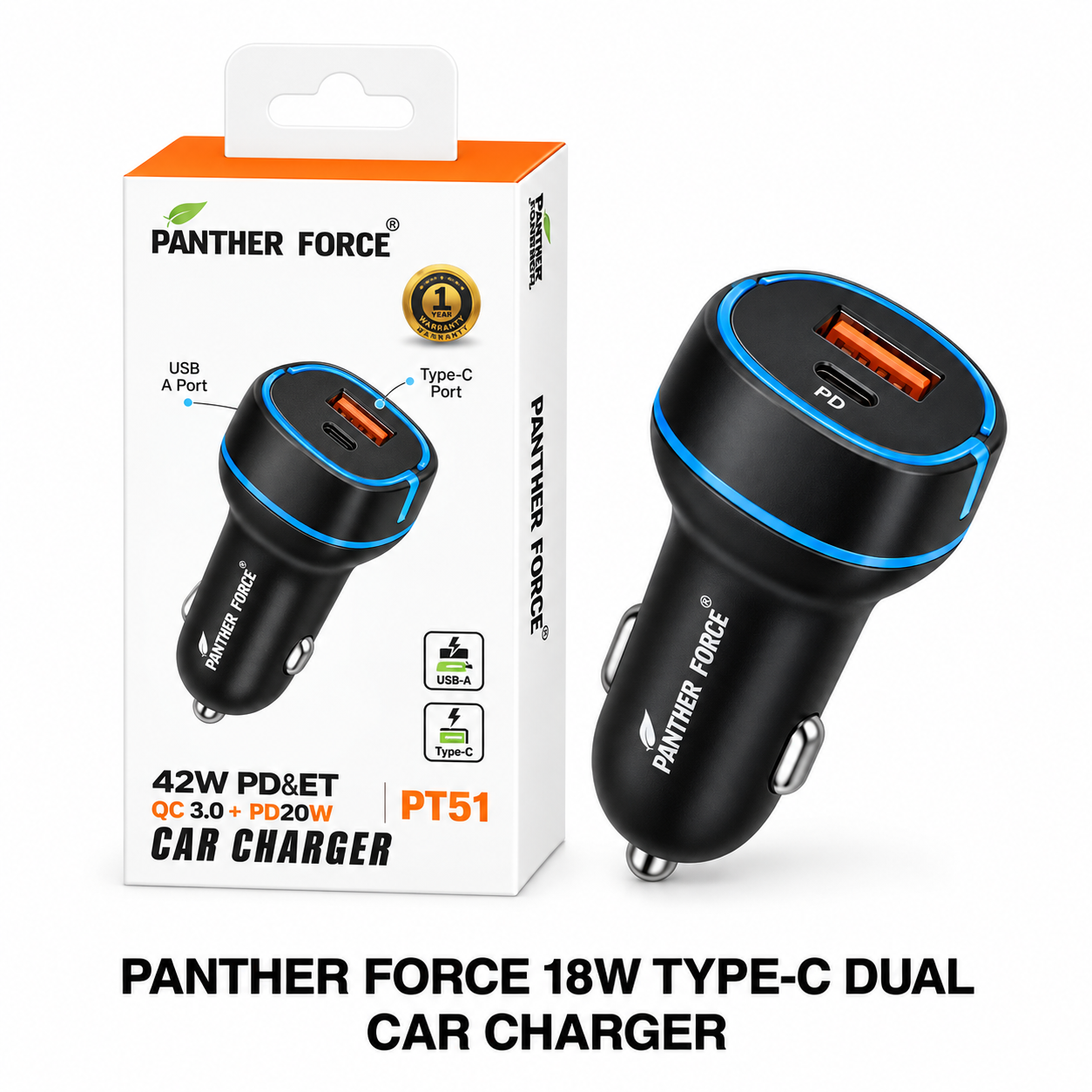 PANTHER FORCE 42W Dual Car Charger – PD 20W & QC 3.0 Fast Charge 1 PANTHER FORCE 42W Dual Car Charger – PD 20W & QC 3.0 Fast Charge